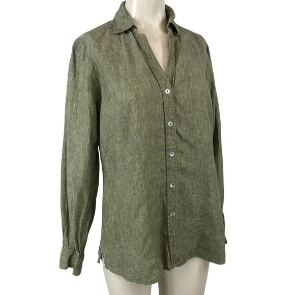 FOXCROFT- WOMEN'S 10- GREEN LONG SLEEVE BUTTON V NECK COLLARED 100% LINEN TOP - Picture 1 of 7